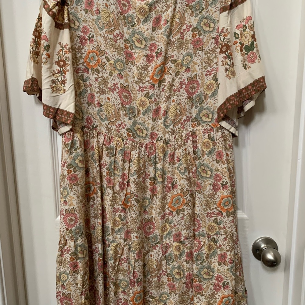 Boho Floral Button-Front Tiered Dress in Cream, Orange & Pink NWT - Picture 3 of 6